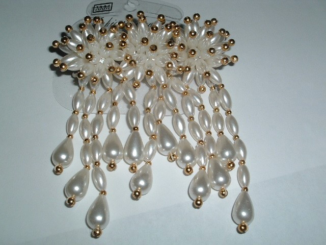 White Pearl Waterfall and Golden Bead Floral 3.5″ Hair Barrette New w Tag