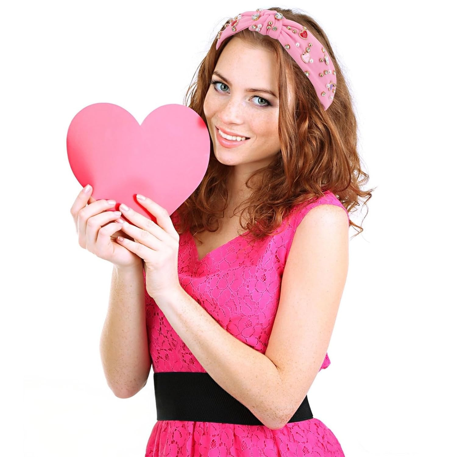 2 PCS Valentines Headbands for Women Cute Heart Knot Hairband White Pearl Rhines