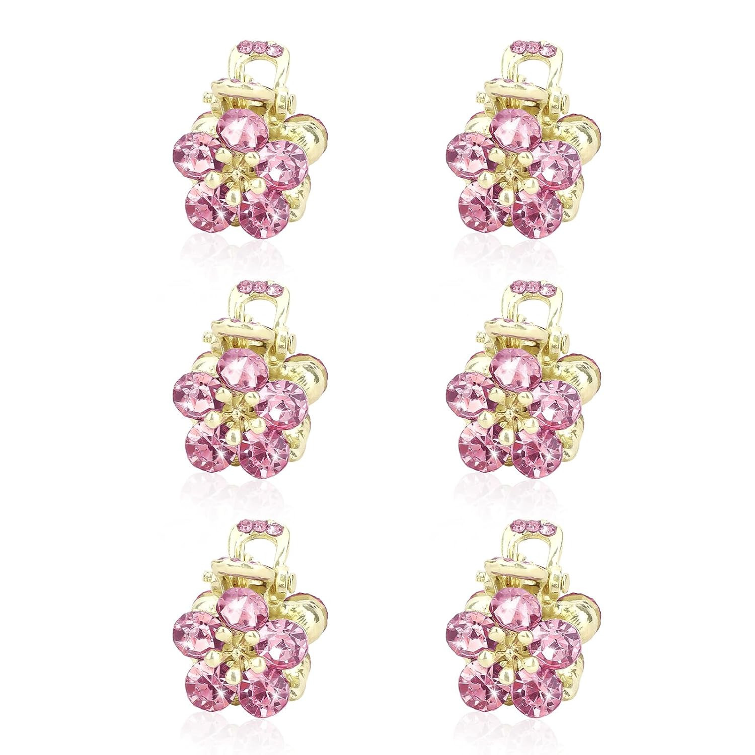 6Pcs Small Pink Flower Hair Clips Wiht Rhinestones, Decorative Metal Claw Clips,