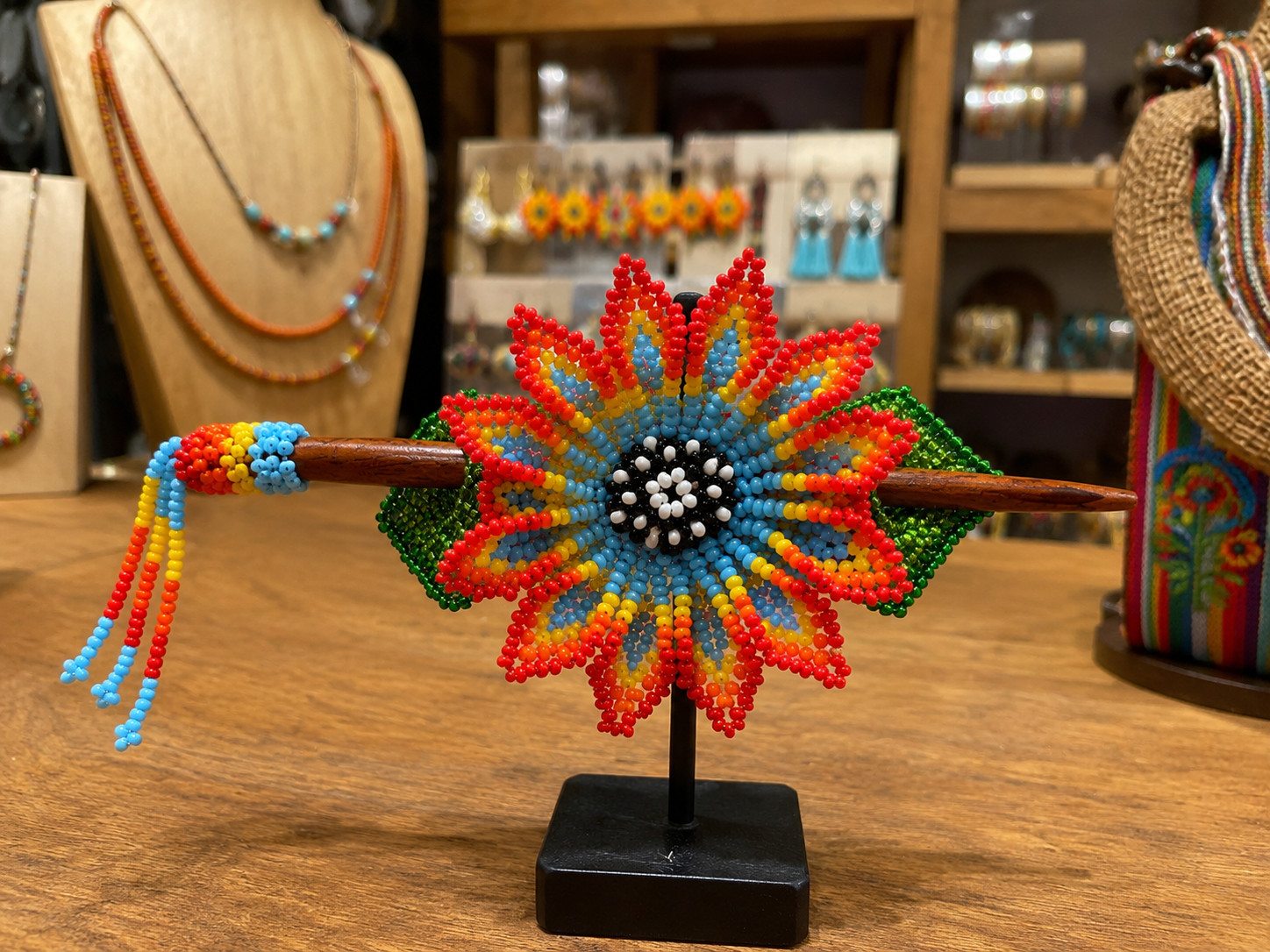 Guatemala Artisan Beaded Floral Hair Barrette Wooden Hair Accessory #2026053002