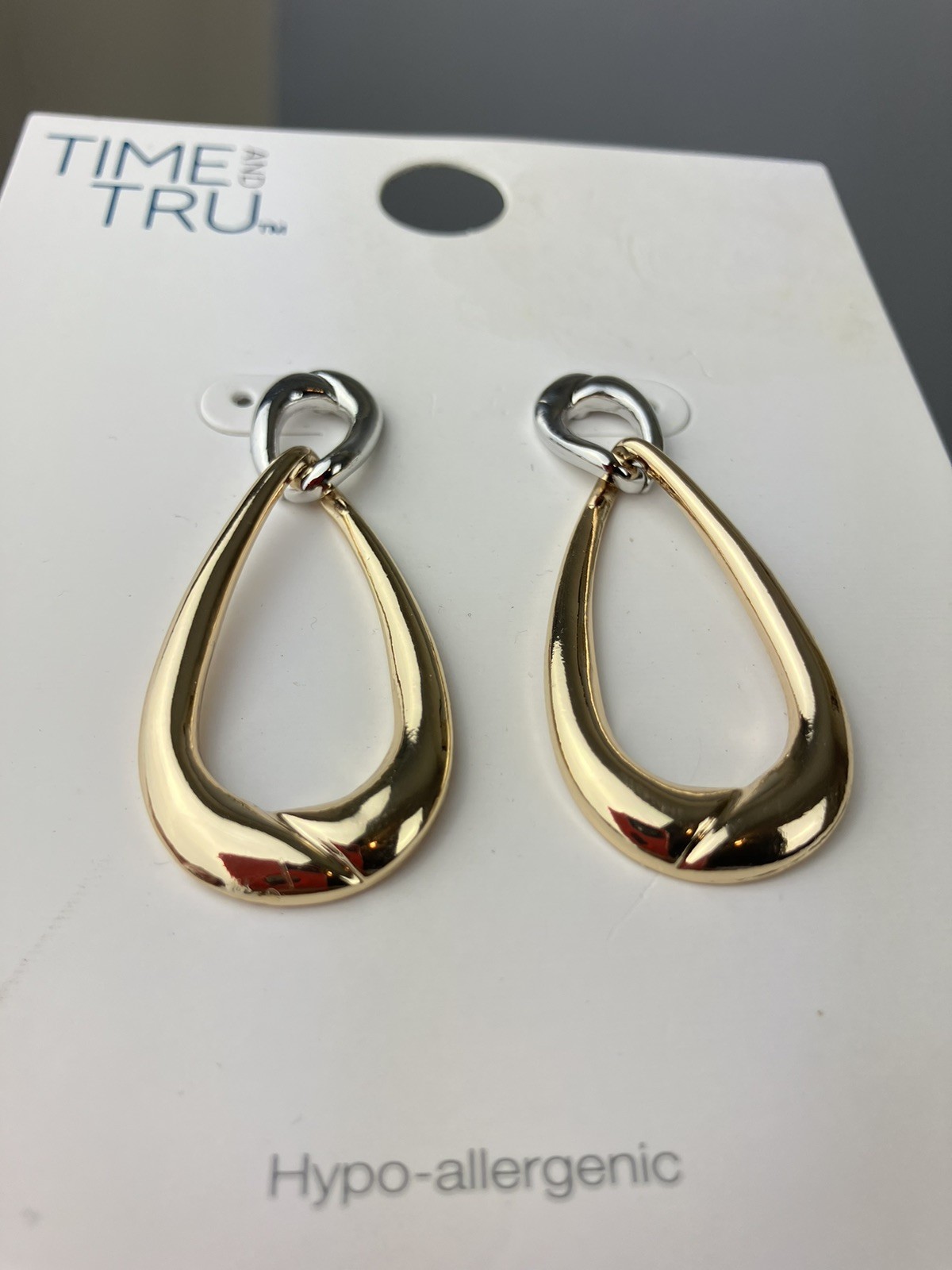 TT 2 Pieces Earrings: Gold Clutch Hoop &Gold and Silver Tone Post Teardrop Metal