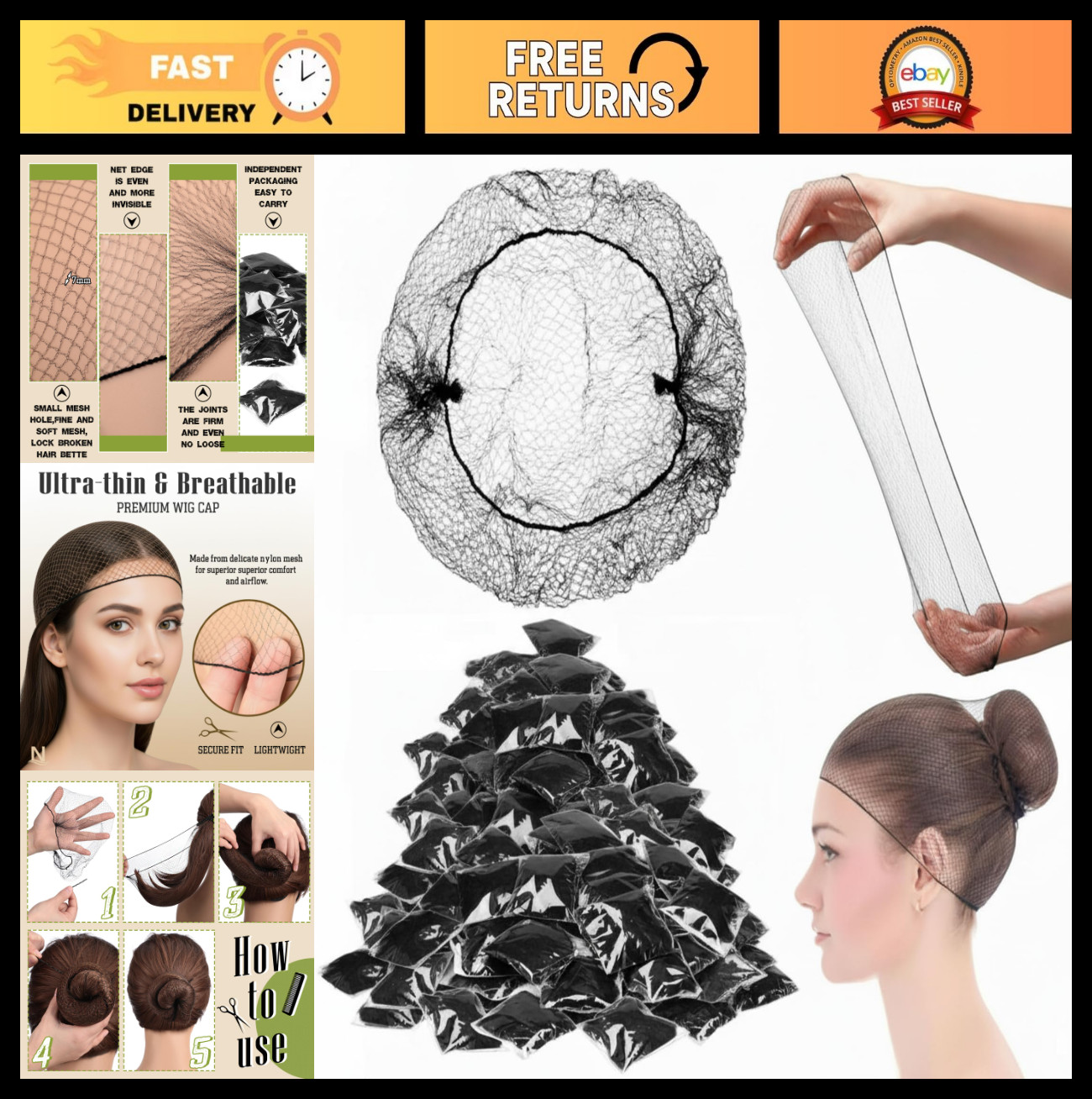 300 Pcs Hair Nets for Women – Black Mesh, Elastic Edge, 20″ – Food Service, Danc