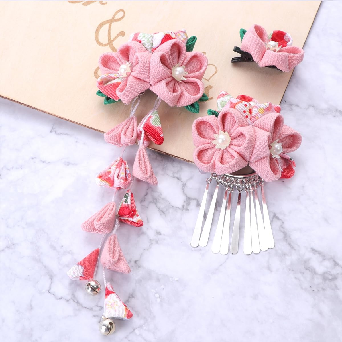 Japanese Kimono Flower Hair Clips Tassel Hairpins Pink Metal Accessories 3 PCS