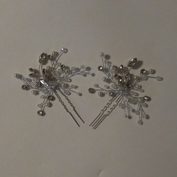 2-Pack Silver Tone Crystal Rhinestone Pearl Flower Wedding Hair Pins Women