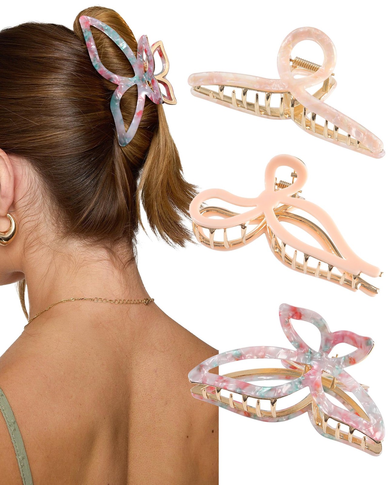 3 PCS Metal Acrylic Hair Bow Claw Clips Strong Hold Non Slip Large Gold Thick