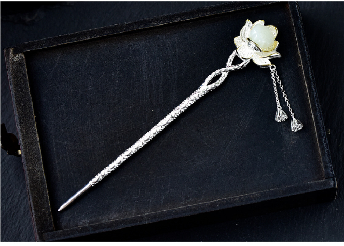 S925 Silver Chinese Hetian Jade Lotus Hairpin Hanfu Hair Stick Retro for Women