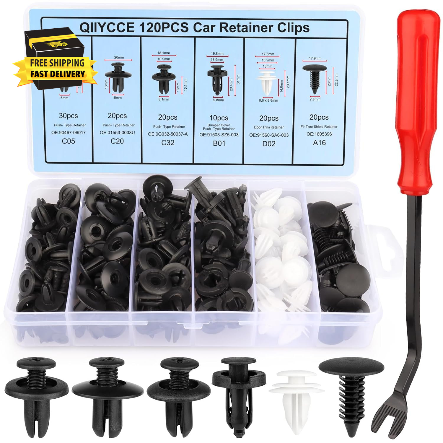 120PCS Car Clips & Plastic Rivets – 6 Popular Sizes, Fits Bumpers, Fenders & Mos