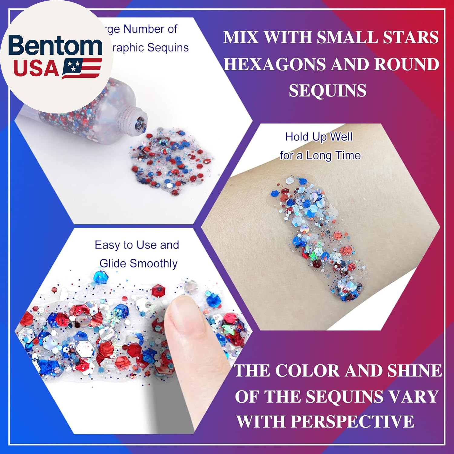 Red White and Blue Body Glitter,4Th of July Patriotic Accessories Hair Glitter f