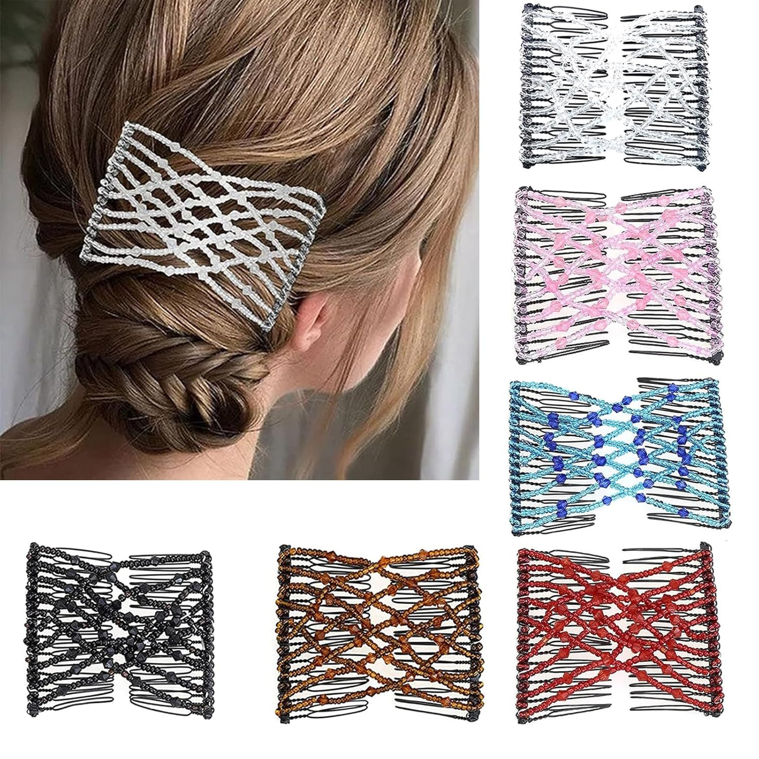 Magic Hair Comb, 6 Pieces Elastic Beaded Hair Clips Women Stretchy Bride