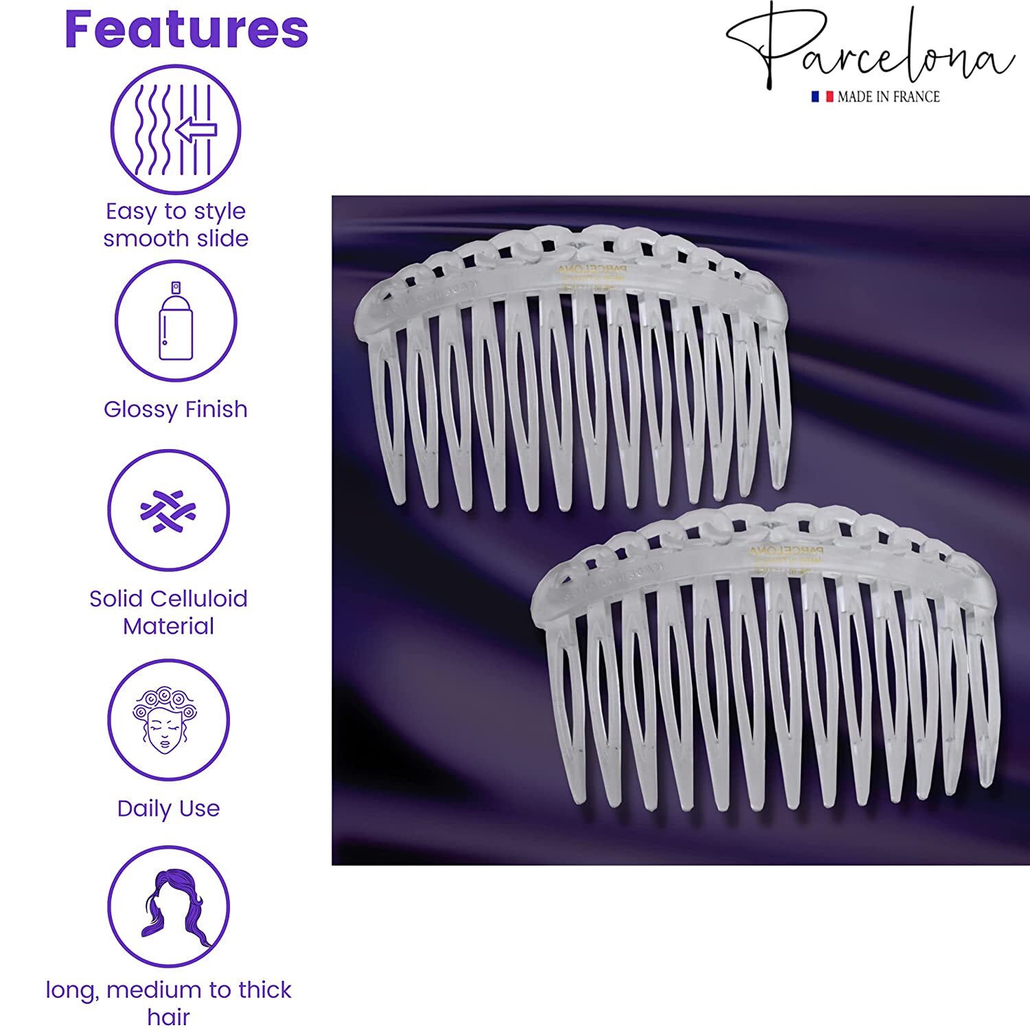 Parcelona French Loop Edge Clear Small 2 3/4″ Celluloid Side Hair Combs (2 Pcs)