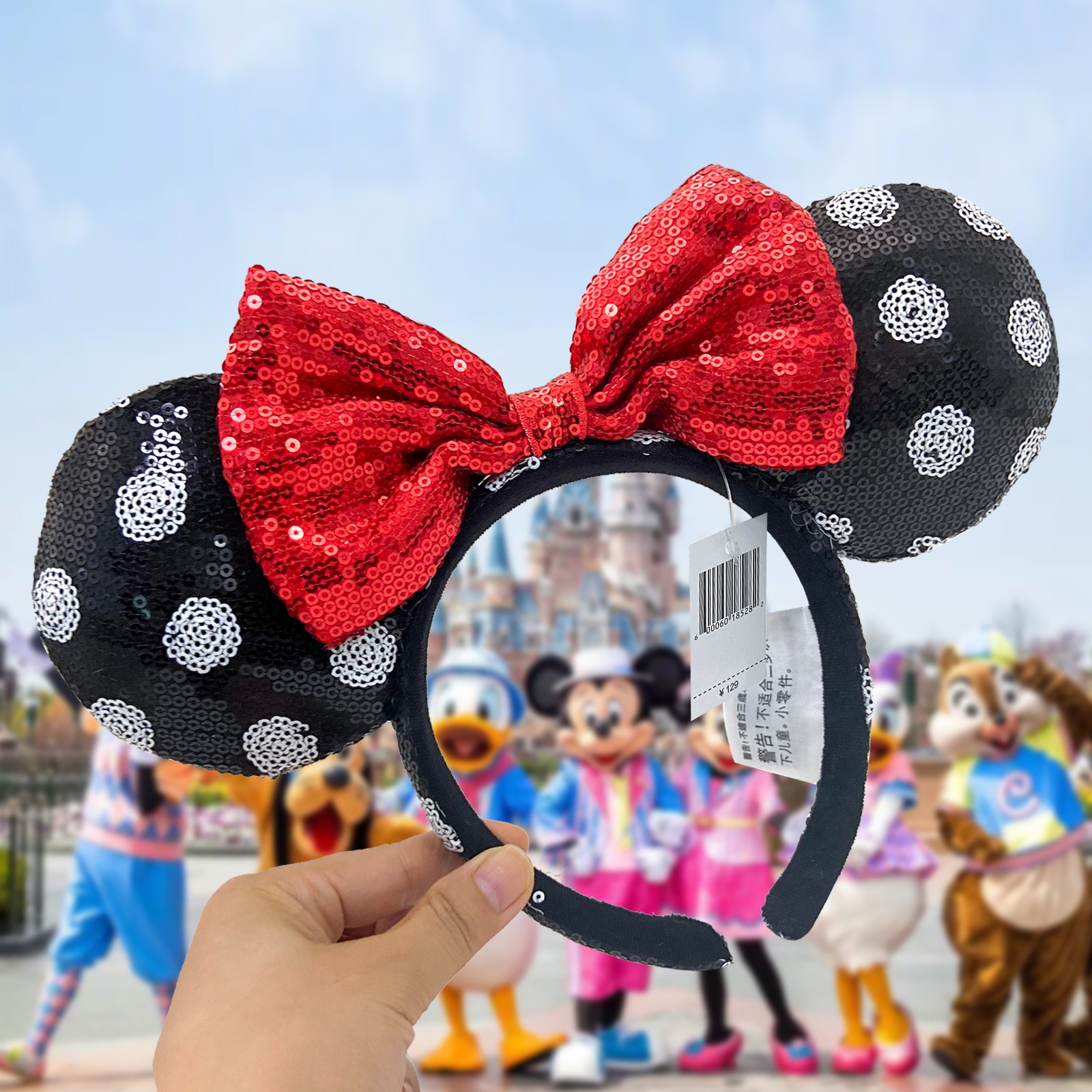 Disney-Parks Minnie Mouse Sequined Black White Polka Dot Red Bow Ears Headband-