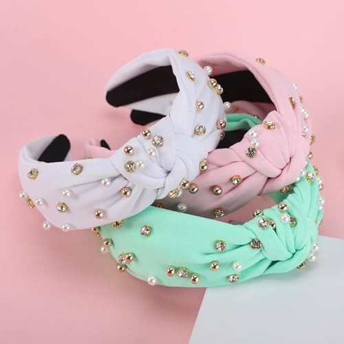 3Pcs Knot Headband for Women Pearl Knotted Head Bands Non Slip Wide Headband-C