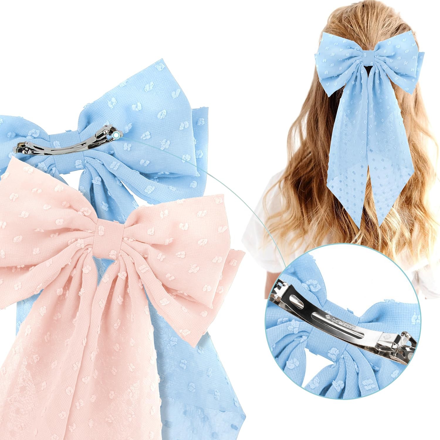 2PCS Large Hair Bows Ribbon Clips, 1 Count (Pack of 1), Blue+White