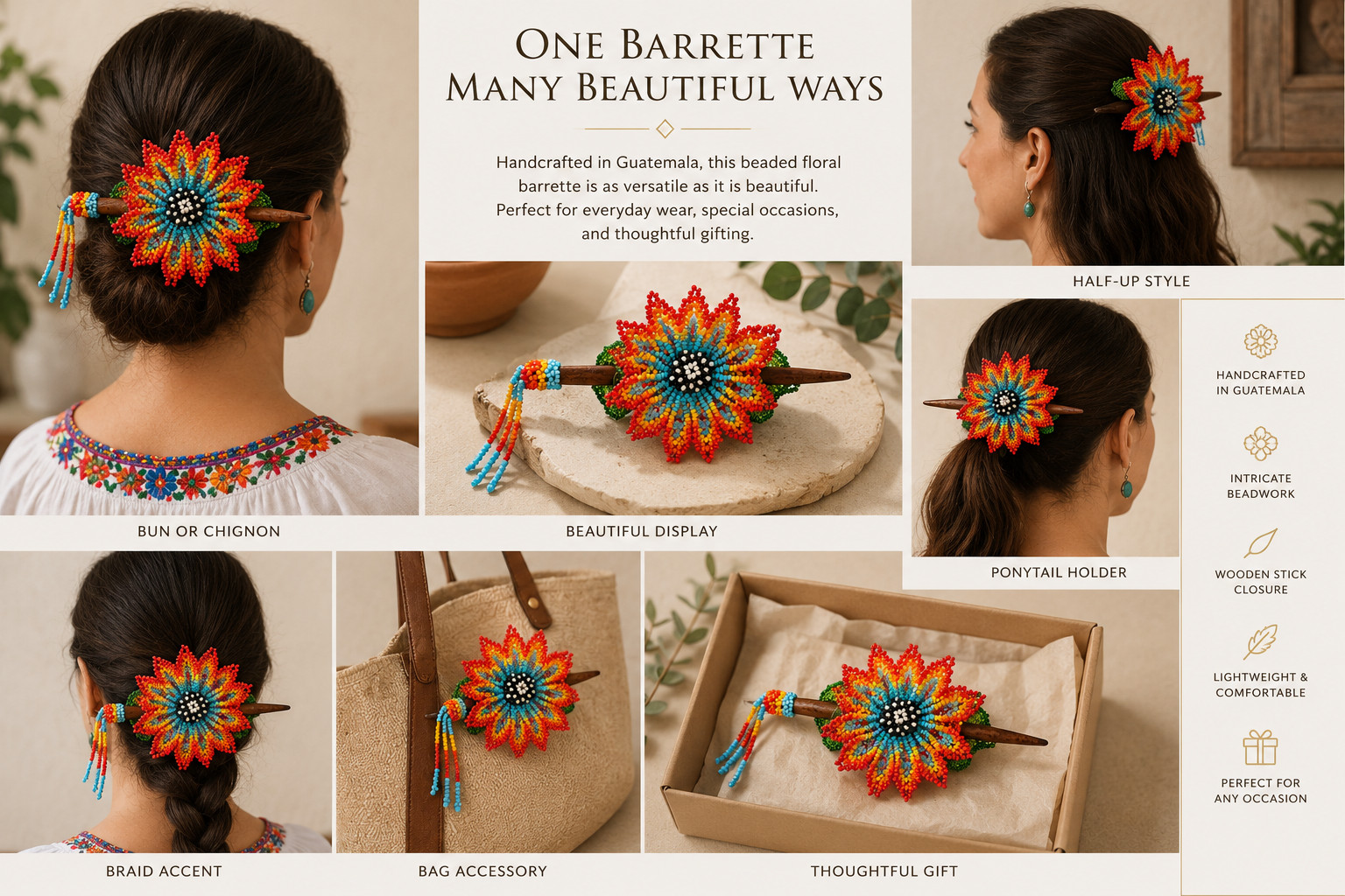 Guatemala Artisan Beaded Floral Hair Barrette Wooden Hair Accessory #2026053002