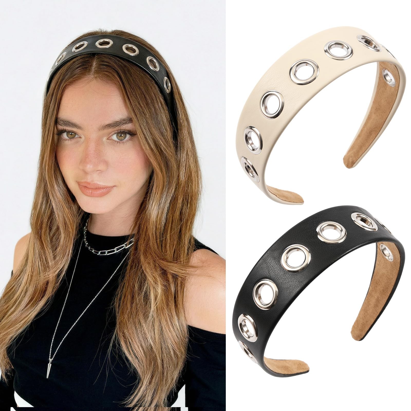 Grommet Headband for Women,Y2k Wide Eyelet Headbands, Punk PU Leather Metal H…