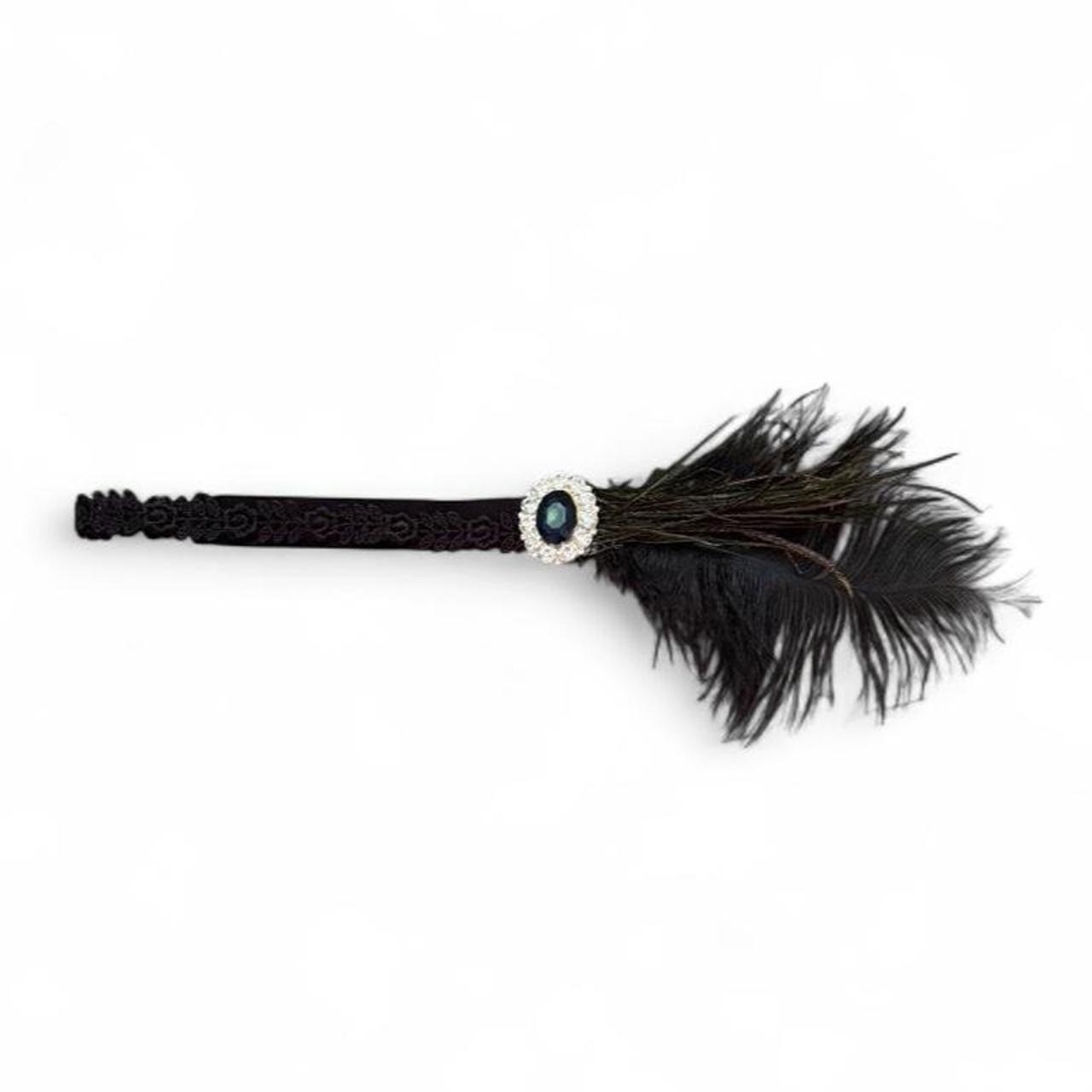 1920’s Black feather headband with beaded detail and blue gemstone