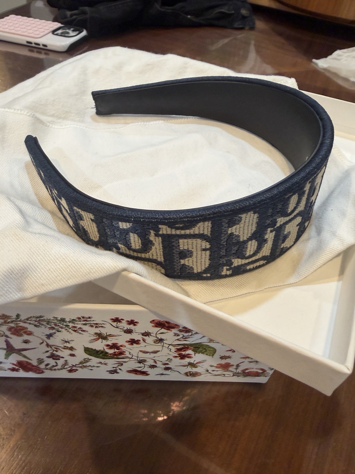 Dior Women’s Navy/Beige Logo Fabric Padded Headband, Designer Casual