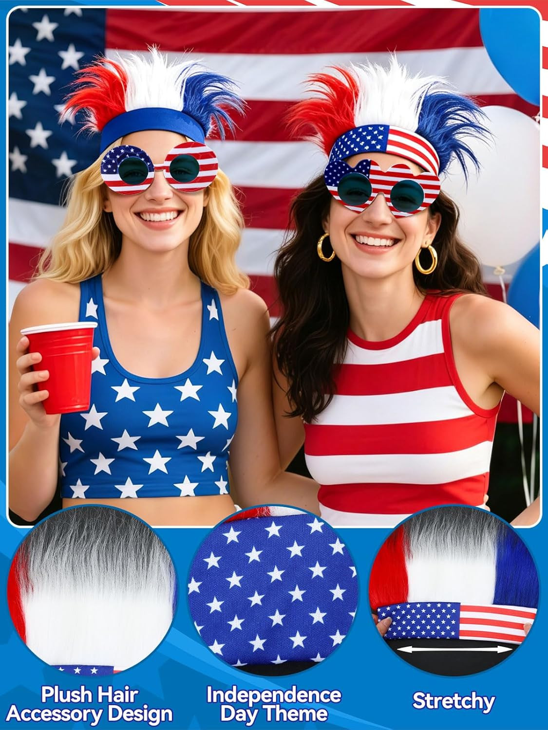 4Th of July Accessories Kit, Hairy Headband Red White Blue Glasses 4Th of July O