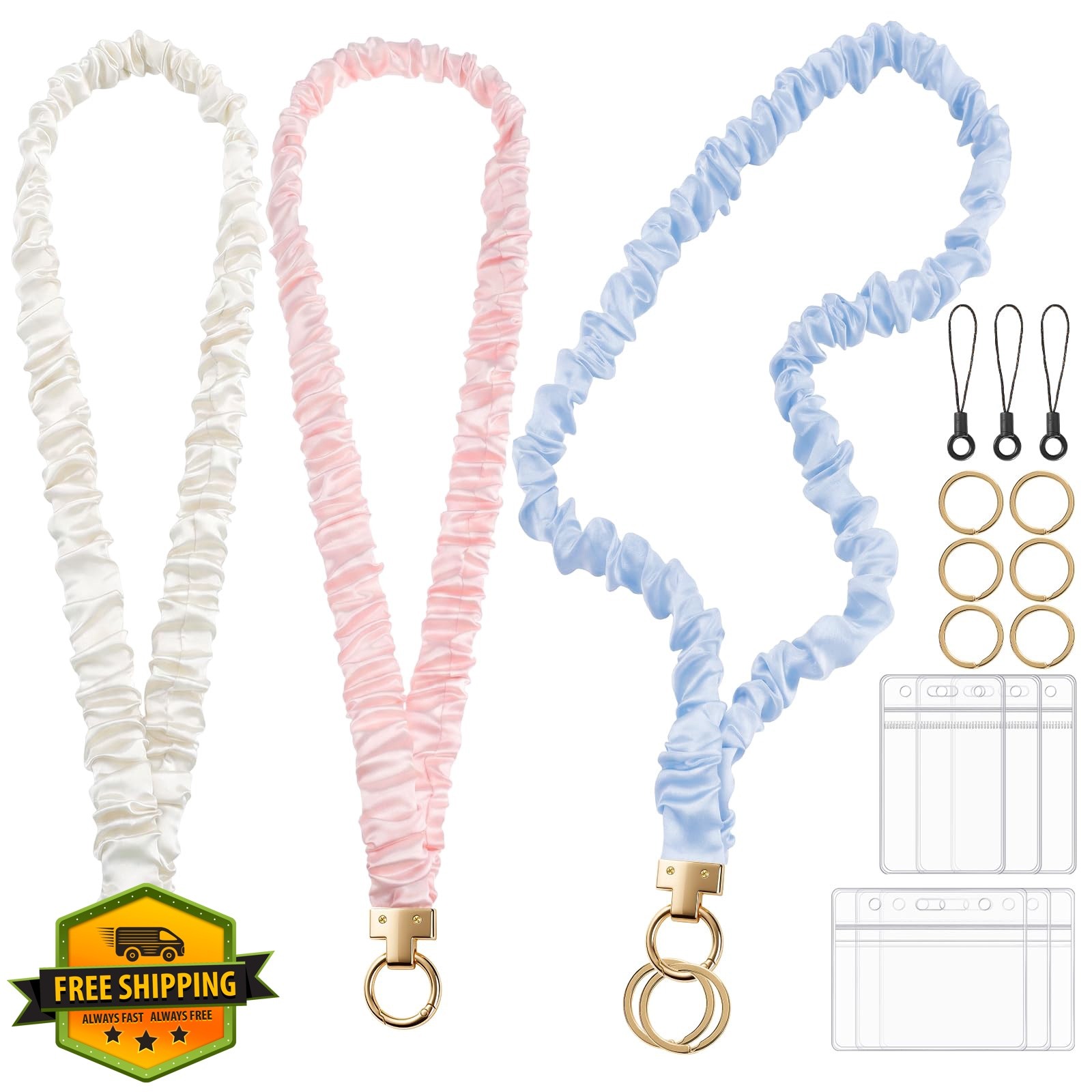 BESARME Pink Beige Blue Scrunchie Lanyard 3 Pack