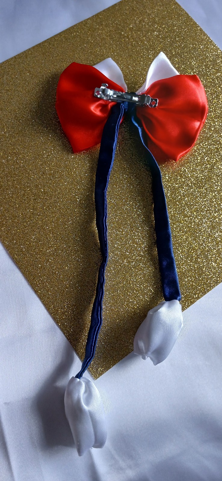 Set of 2 Red & White Satin Bow Hair Clip Barrettes w/ Long Blue Ribbon Tails