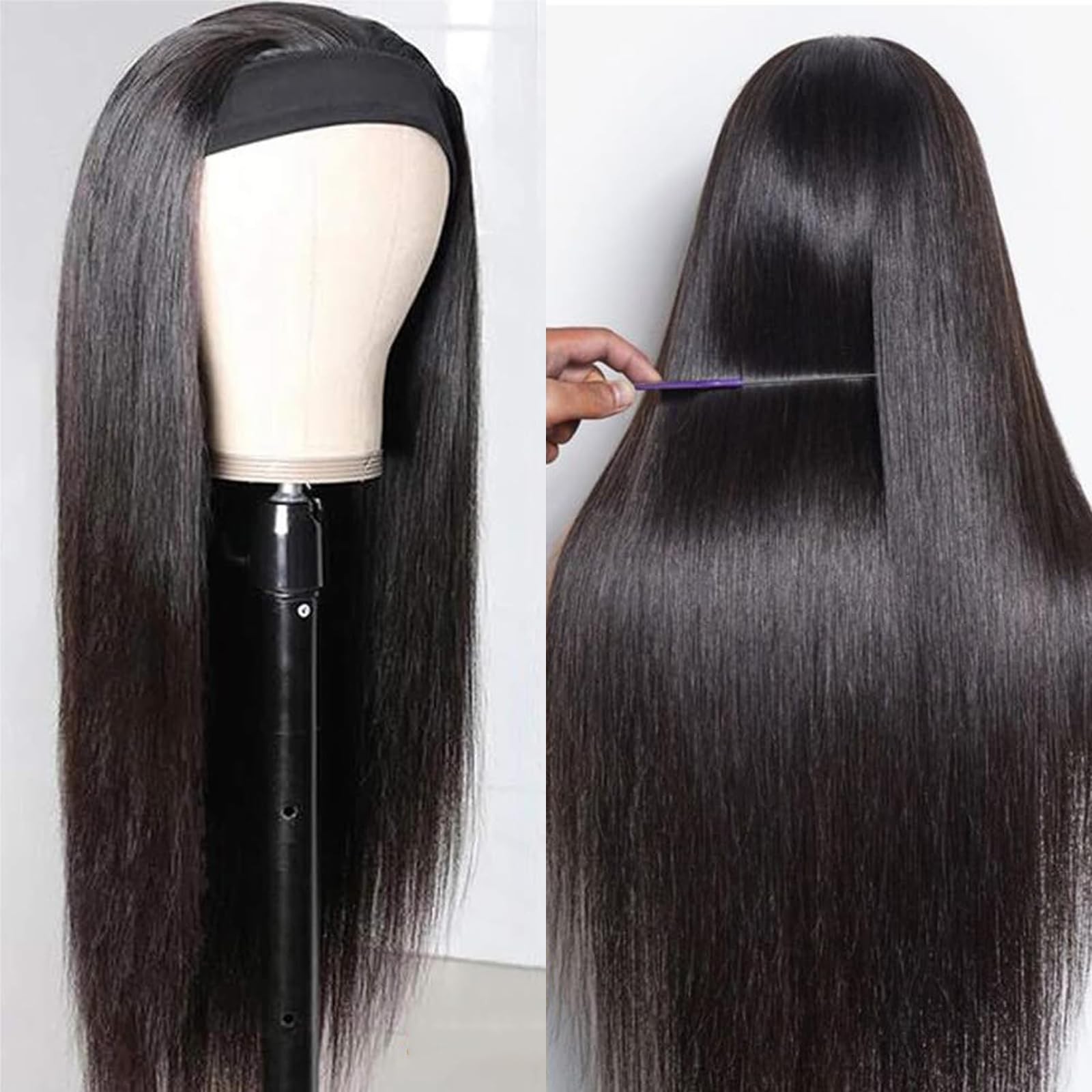 olimaruly Straight Headband Wig Human Hair 16 Inch Natural Black None Front Lace