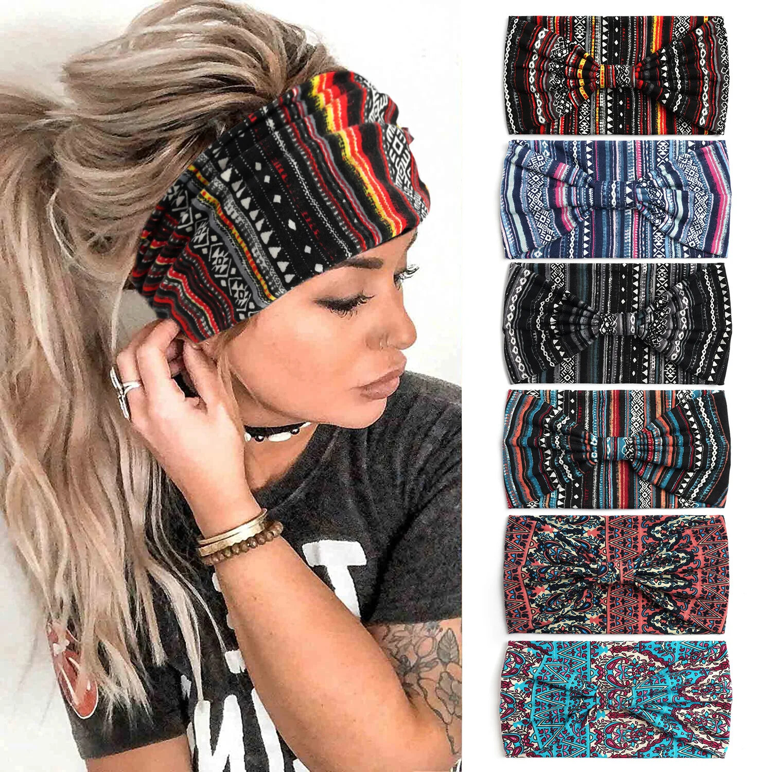 Bohemian Headbands for Women Cashew Flower Head Band Yoga Sports Hairband wide