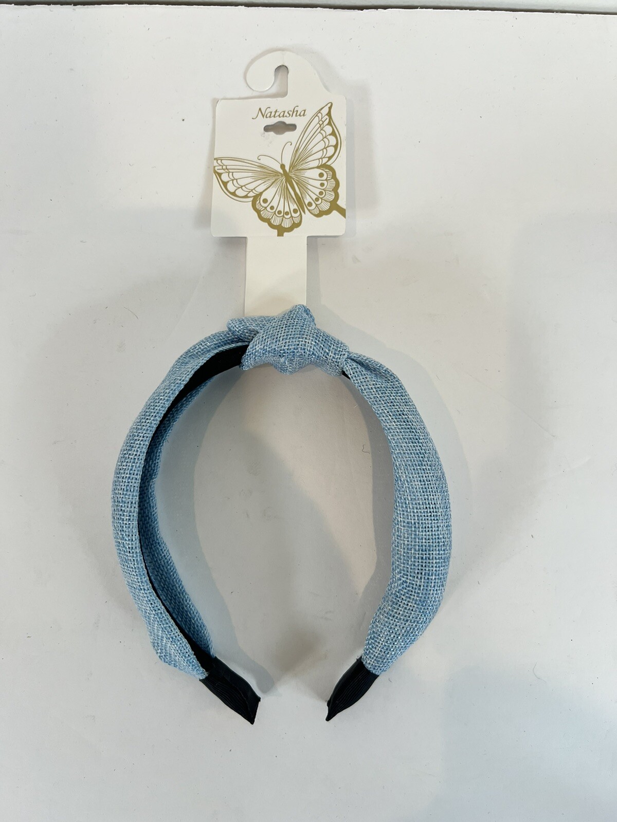 Natasha NWT Blue Woven Fabric Covered Plastic Headband Center Knot