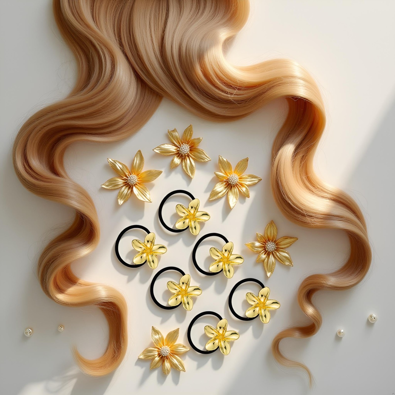 6 PCS Gold Floral Hair Ties Charms Ponytail Holders Decorative Metal Cuffs