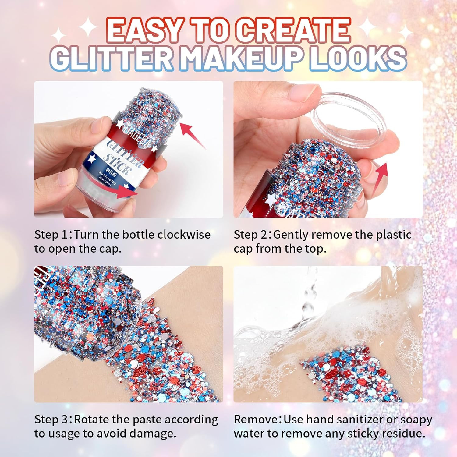 Red White Blue Body Glitter Stick,4Th of July Accessories Hair Face Glitter Make