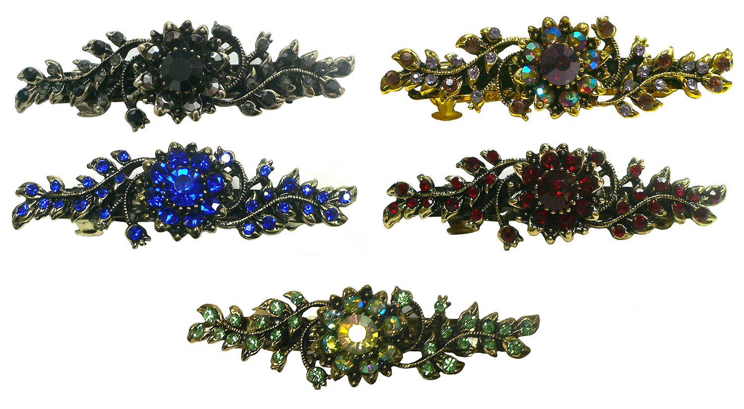 Set of 5 Mid Size Metal Crystal Sparkly Barrettes 1 Ea of 5 Colors 5A86600-1-5