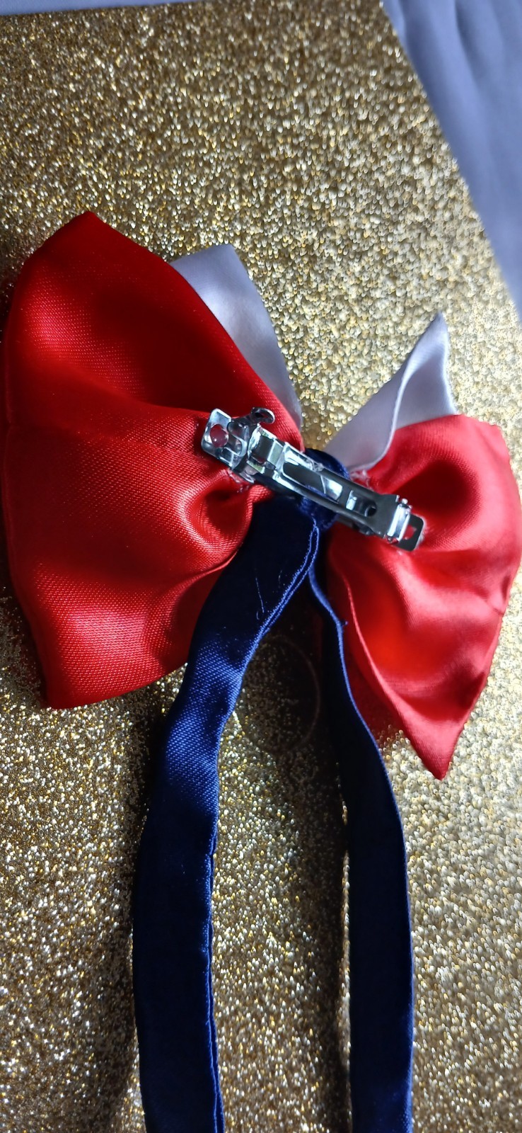 Set of 2 Red & White Satin Bow Hair Clip Barrettes w/ Long Blue Ribbon Tails