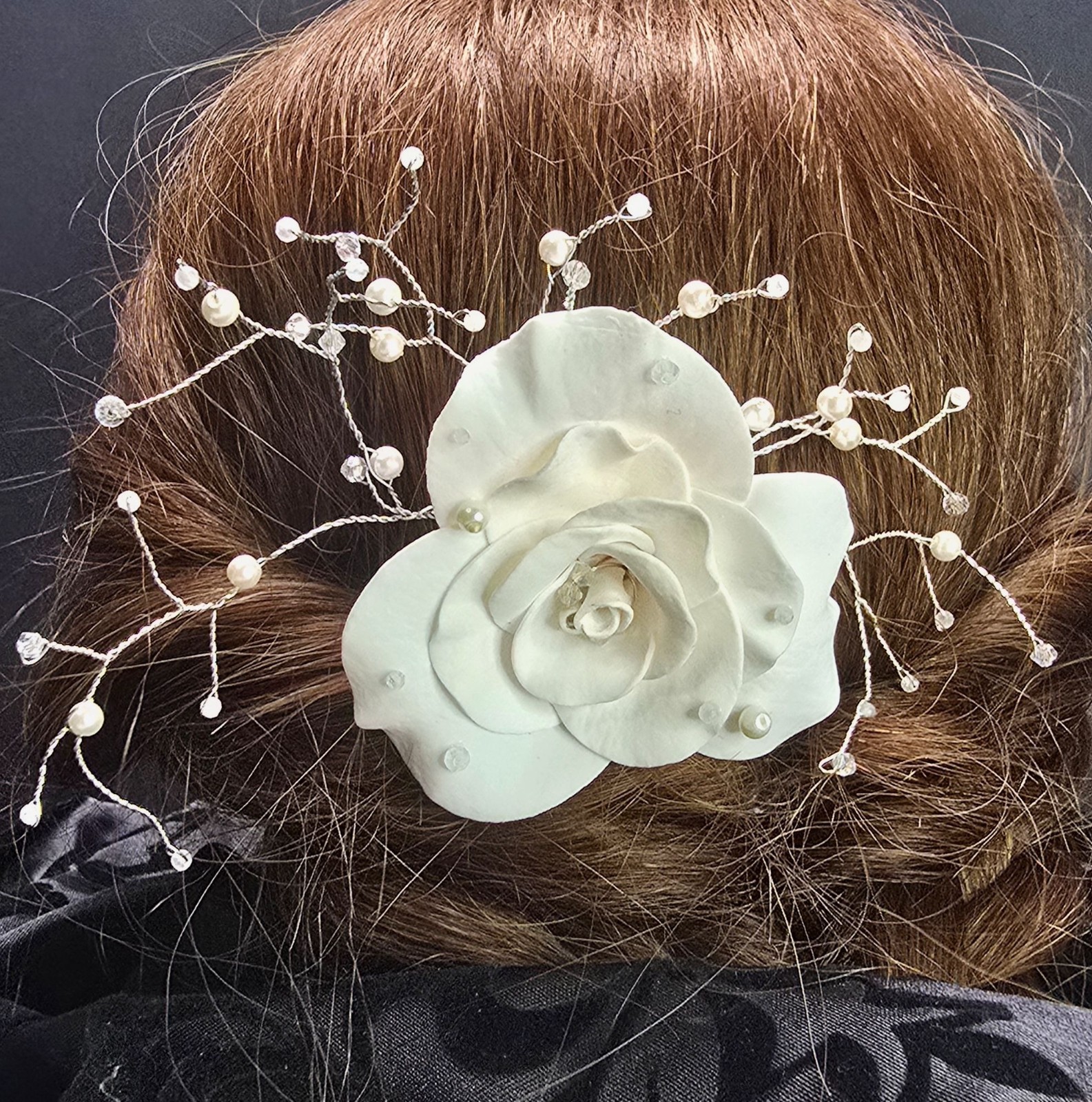 Elegant Handcrafted Glass Pearl Moonstone and Rose Quartz White Rose Hair comb