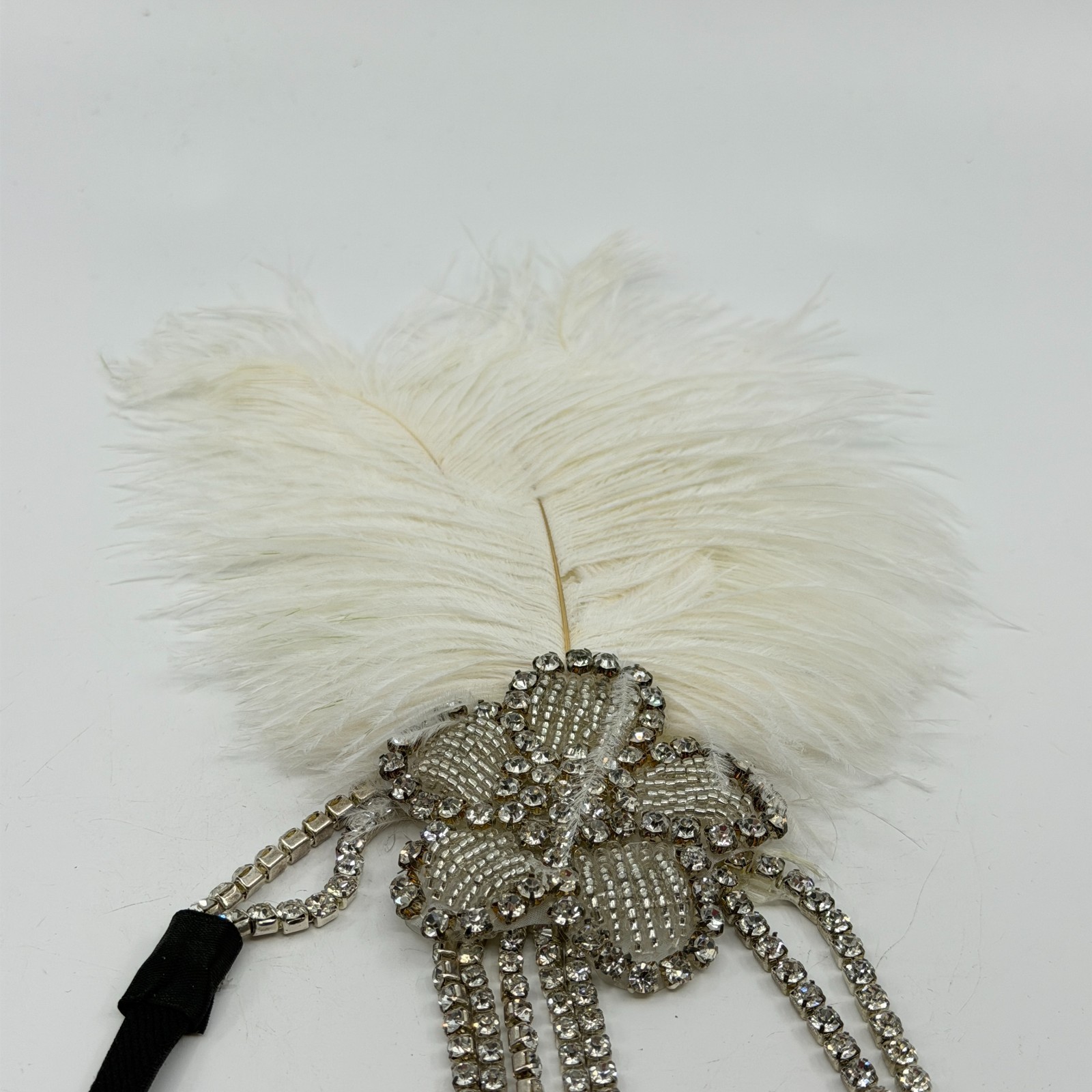 Glamorous 1920s Flapper Headband White Feather Crystal Rhinestone Gatsby Style