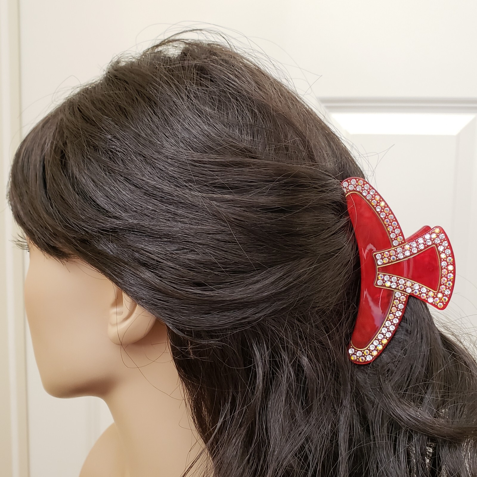 Acrylic AB Rhinestone Metal Hair Claw Red