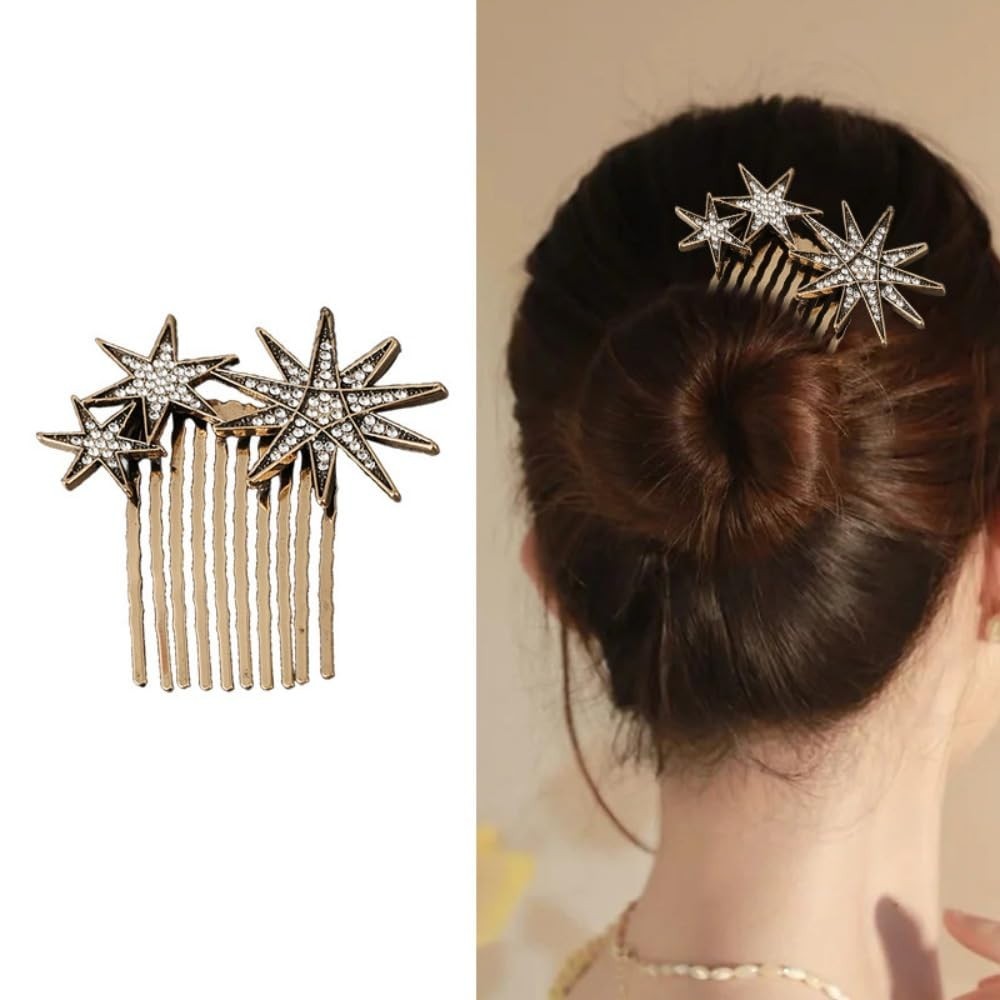 3PCS Alloy Vintage Hair Side Combs for Women, Moon Star Retro Rhinestone Metal H