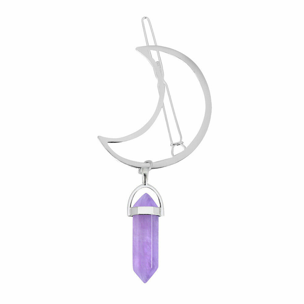 Women Hair Pin Alloy Moon Shape Hexagonal Column Stone Pendant Hair Clip