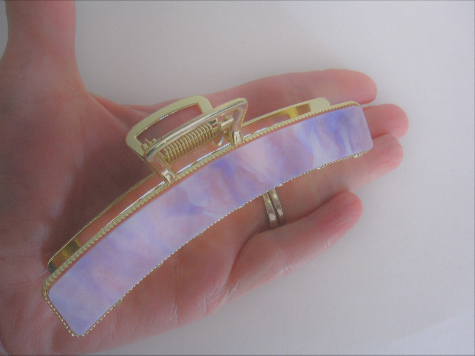 Long gold metal and lavender purple pink marbled acrylic hair claw clip