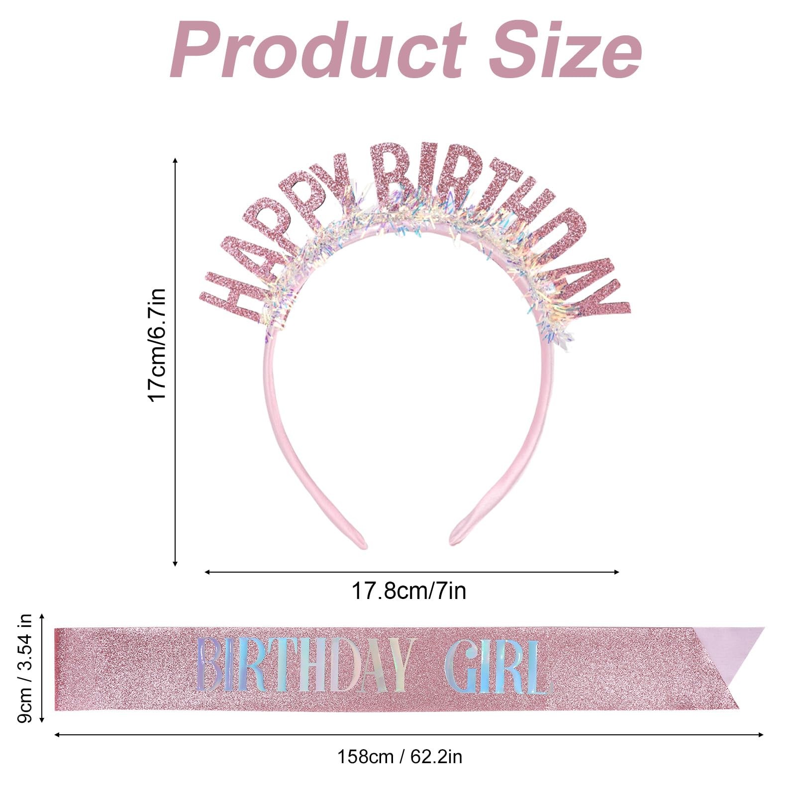 Mikovivi Pink Happy Birthday Crown and Sash Set, Glitter, Medium, Party