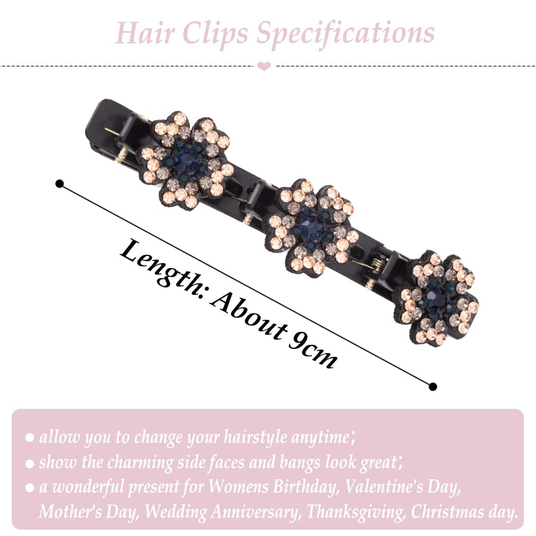 8 Pcs Sparkling Crystal Stone Braided Hair Clover Clips for Thick Thin Hair*NEW*