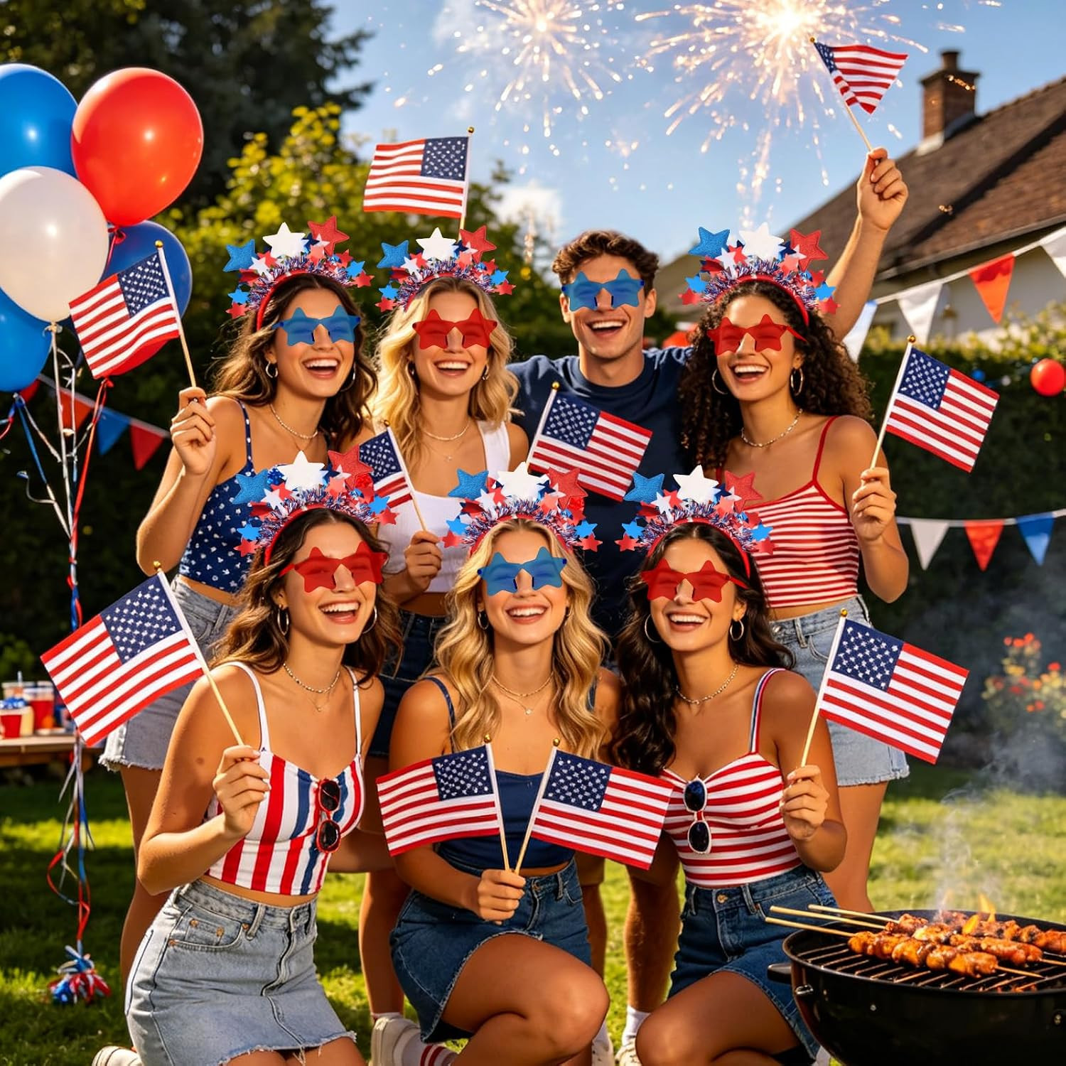 Patriotic Star Headband with Tinsel & Star Sunglasses – Red White Blue Accessori