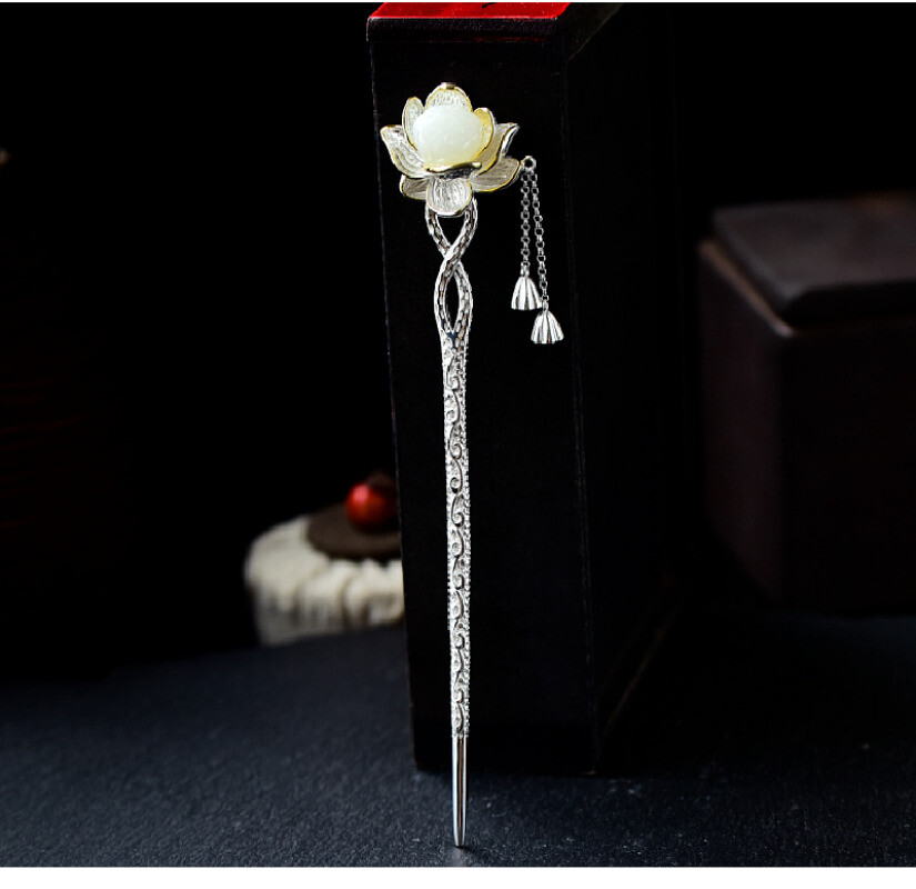 S925 Silver Chinese Hetian Jade Lotus Hairpin Hanfu Hair Stick Retro for Women