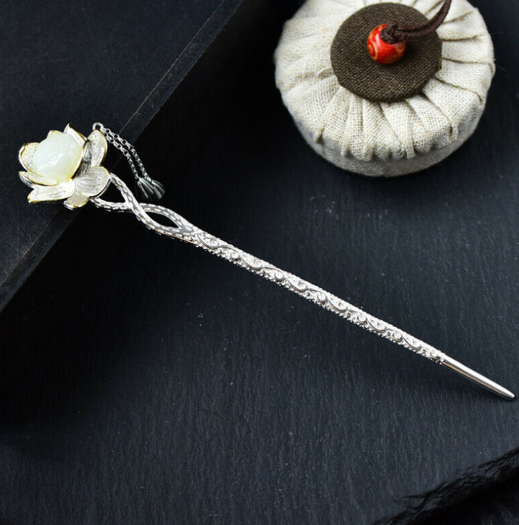 Hot Retro Silver Chinese Hetian Jade Lotus Hairpin Hanfu Hair Stick