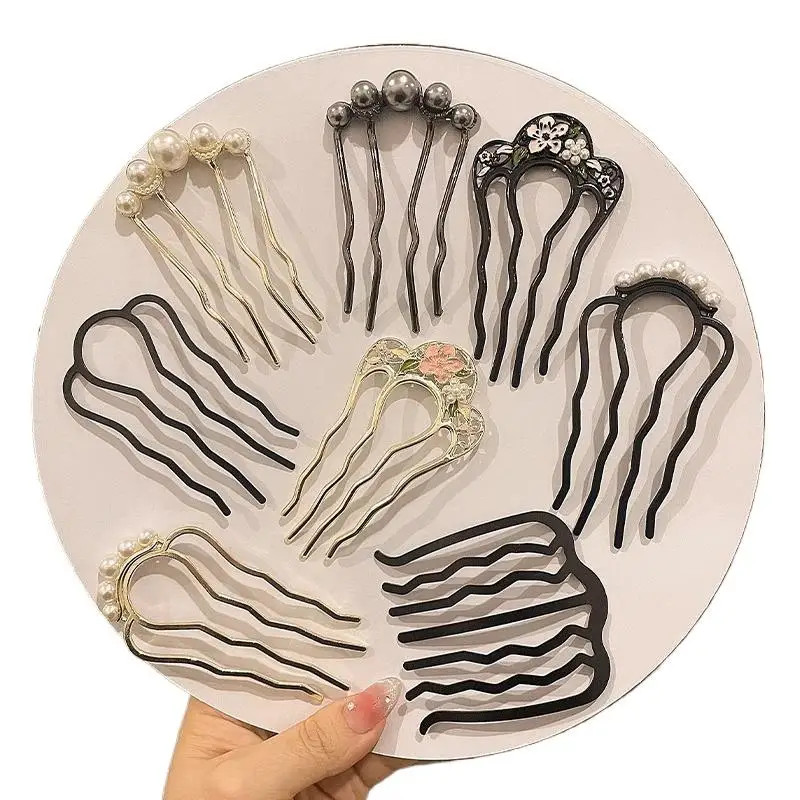 Metal U-shaped Hair Fork Combs Pearl Tassel Sticks Clip Hairpins for Women