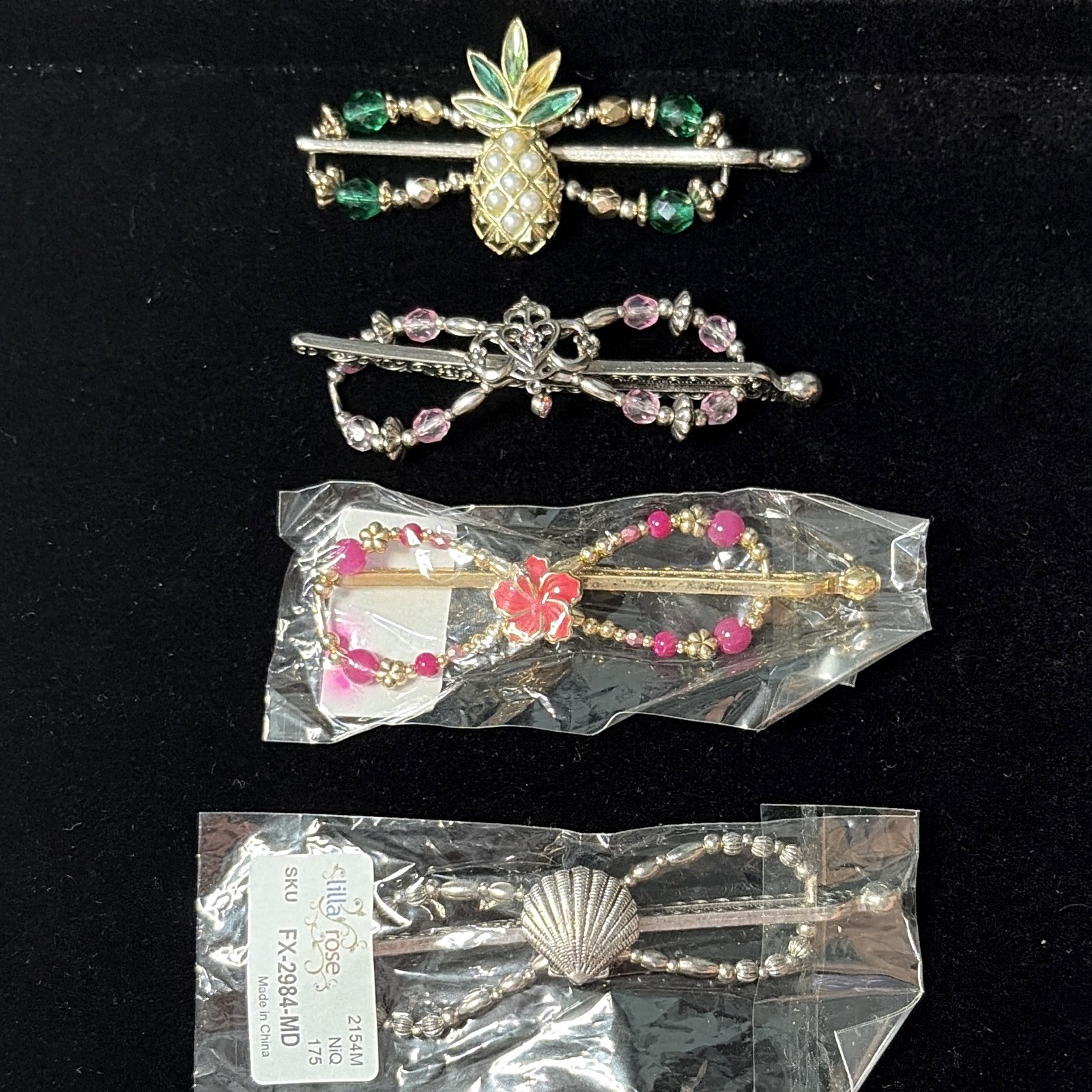 Lilla Rose Lot of 4 Medium Beaded Metal Hair Clips Pineapple Flower Floral, Gold