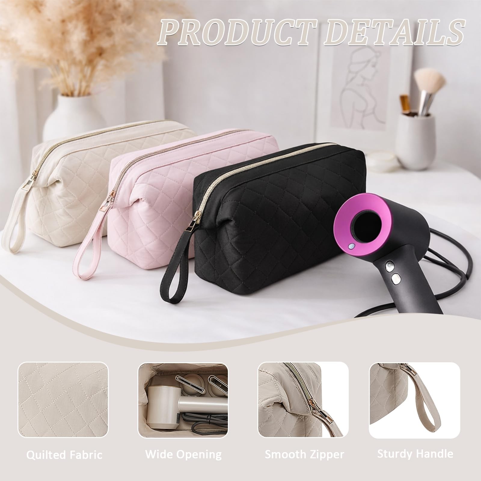 Pierides Quilted Hair Tools Travel Organizer Bag,Portable Large large, Beige