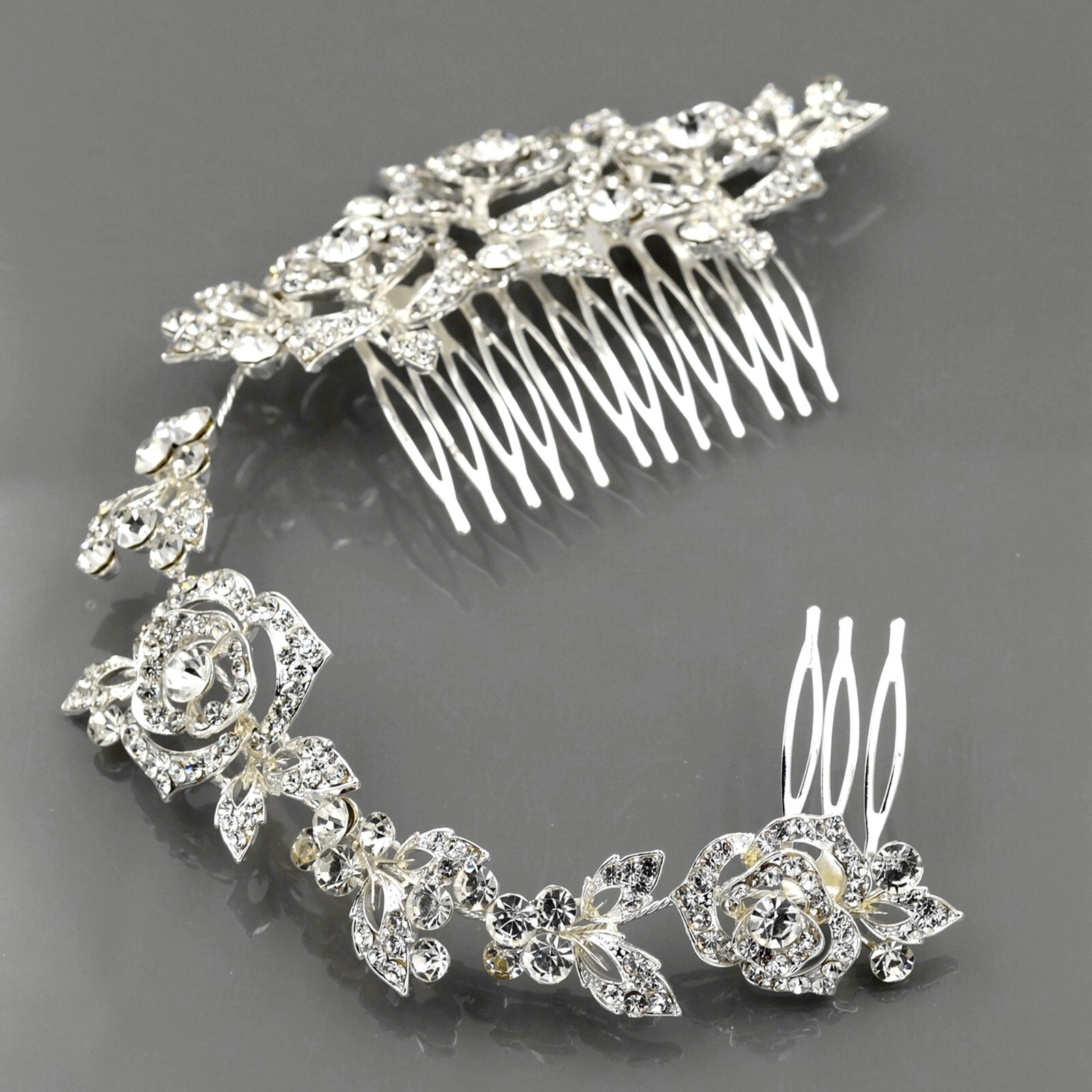 Bridal Hair Comb Crystal Rose Headpiece Wedding Accessories Silver Headband 0190