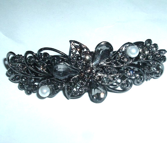 SMOKY CRYSTAL WHITE PEARL FLORAL HAIR BARRETTE NWT