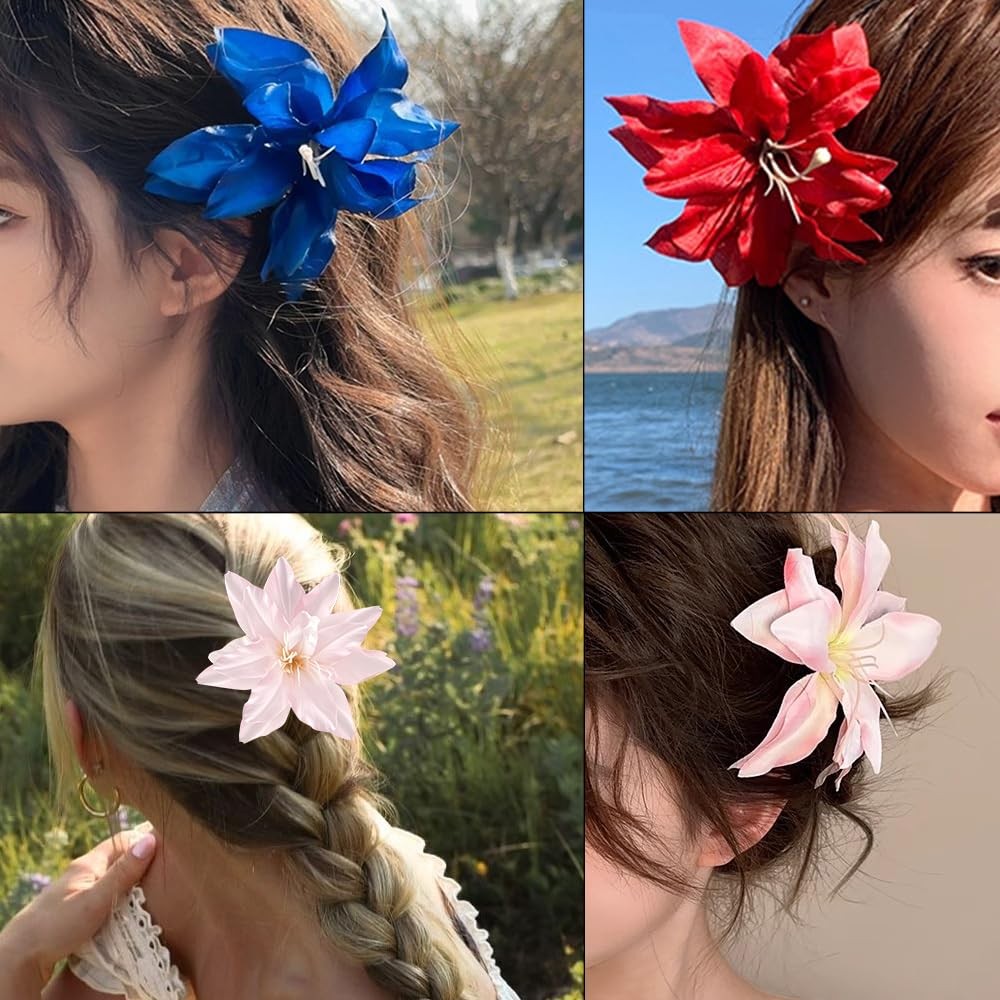 Lily Hawaiian Flower Hair Clips For Women 4.72IN 12cm/4.72in, Blue,pink,red