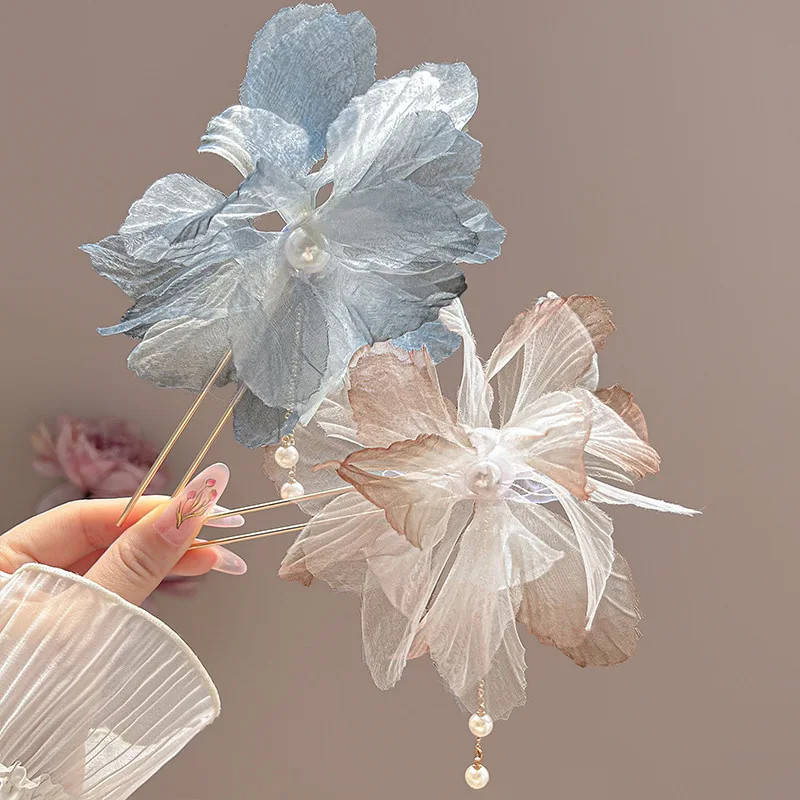 Chinese Floral Hairpin with Tassels Modern Hanfu Style Hair Stick Stylish Brida