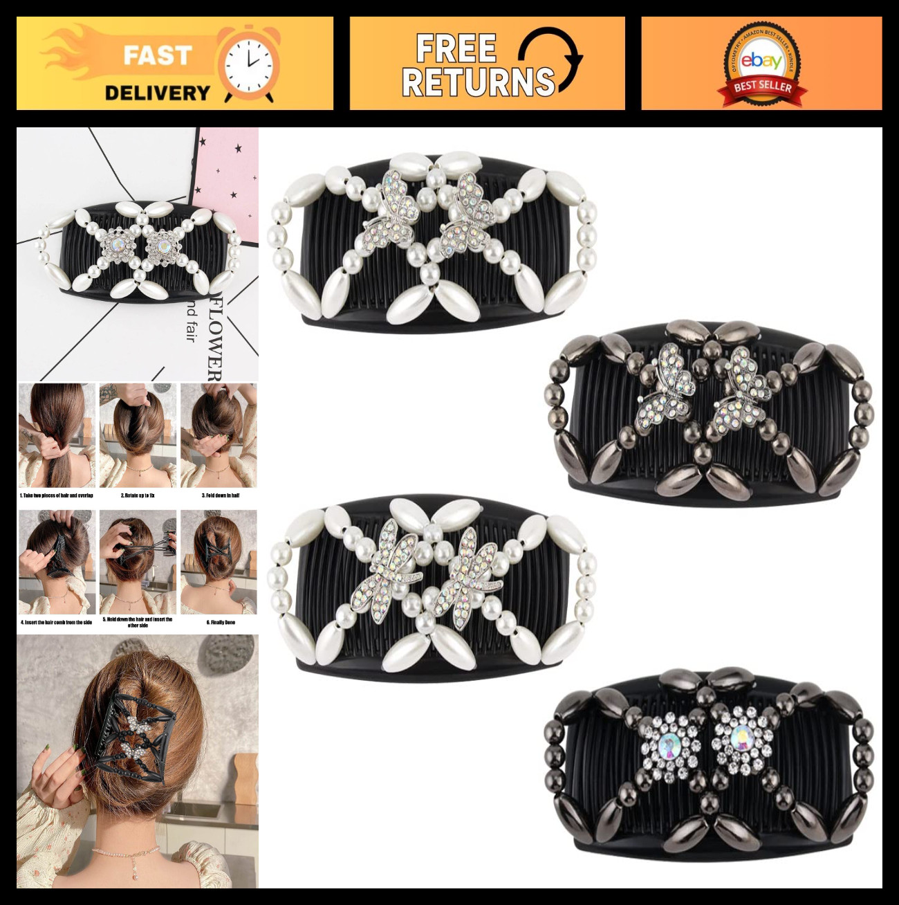4Pcs Stretchy Beaded Hair Combs, Double Side Clips for Bun & DIY Hair Styling